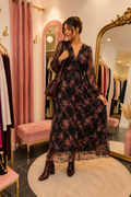 Robe longue fleurie – Noire & vieux rose