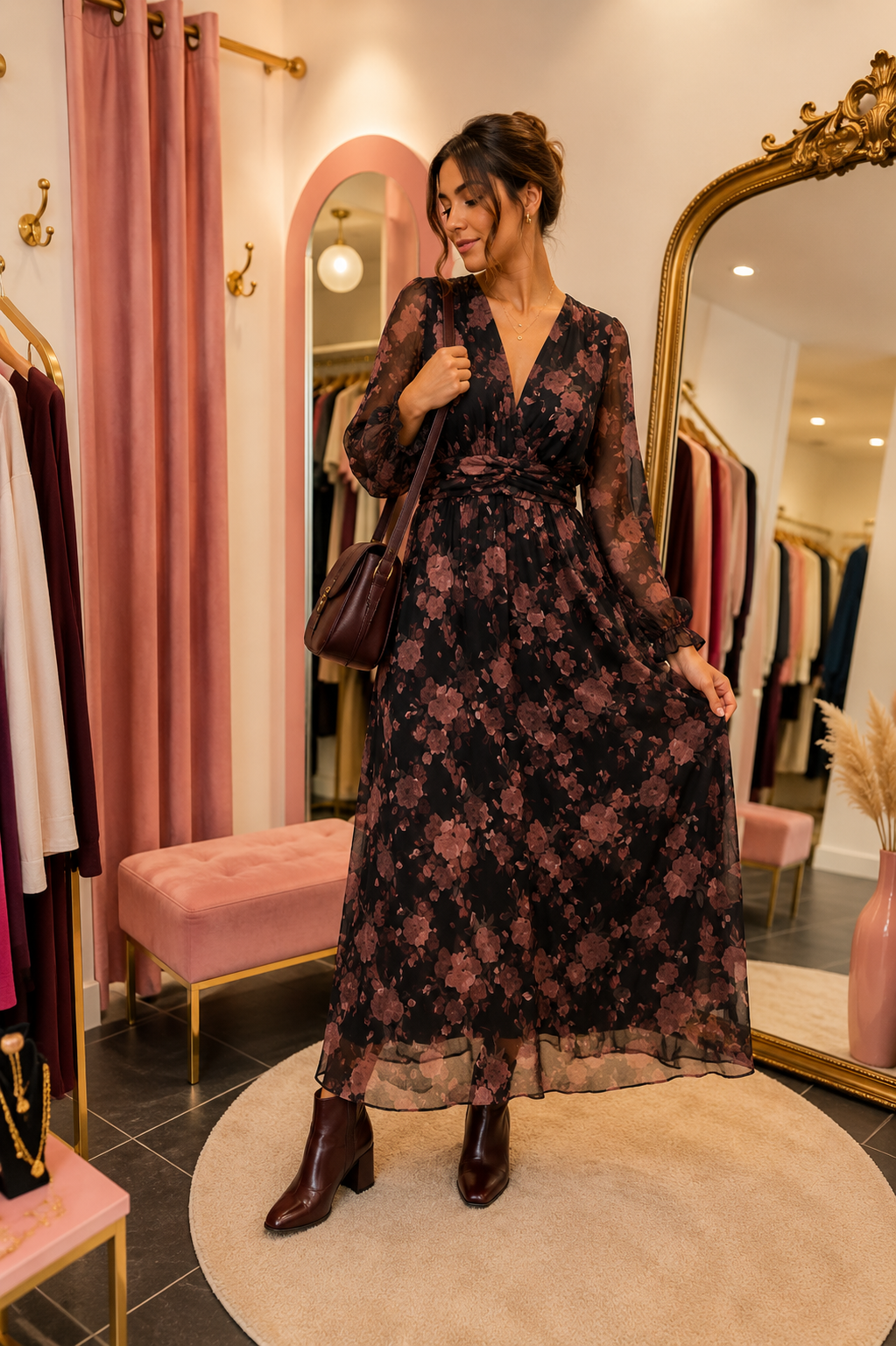Robe longue fleurie – Noire & vieux rose