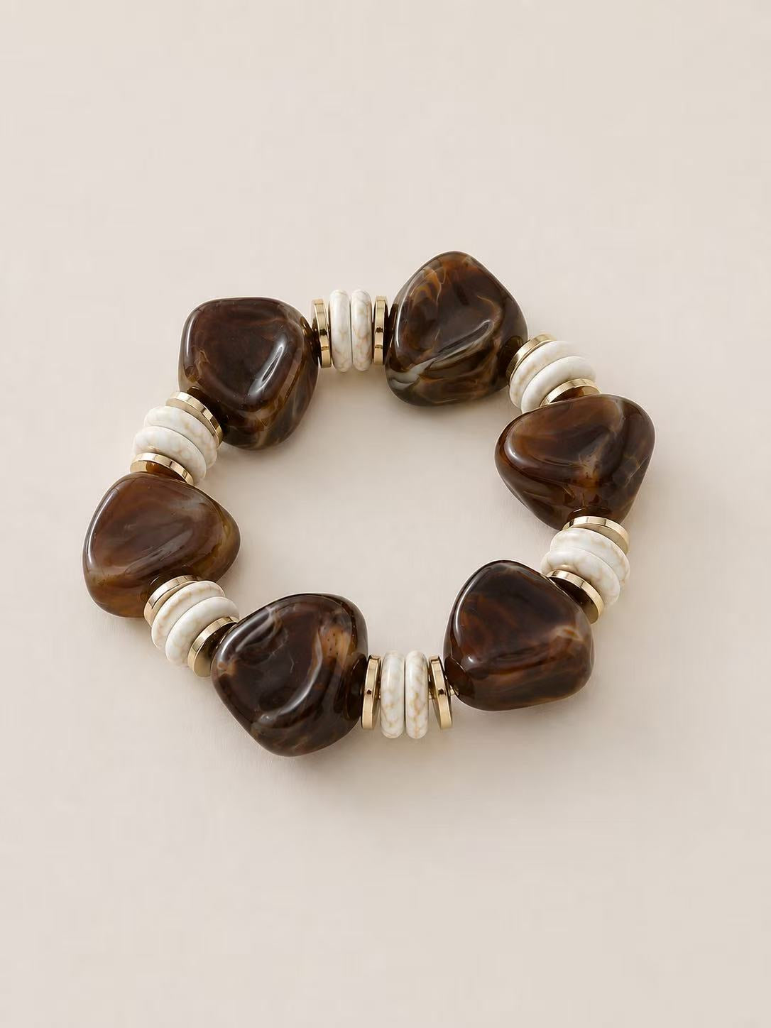 Bracelet perles marron, écru & doré