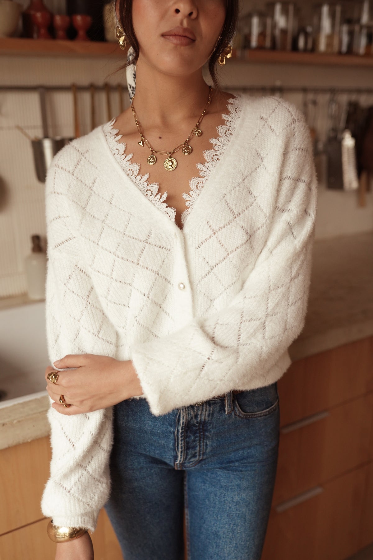 Gilet Blanc Maille Ajourée & Dentelle
