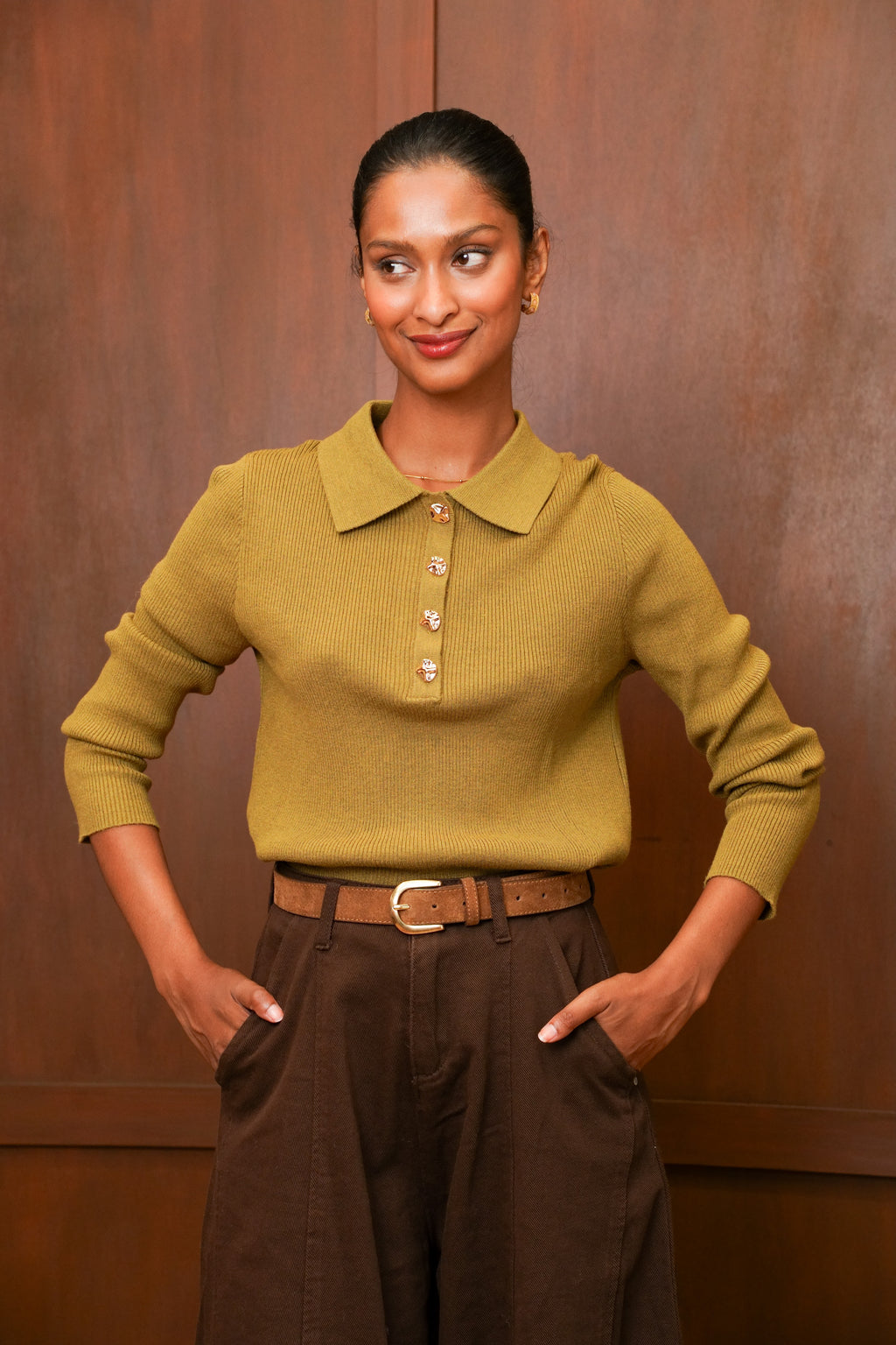 Pull en maille avec col – Vert olive
