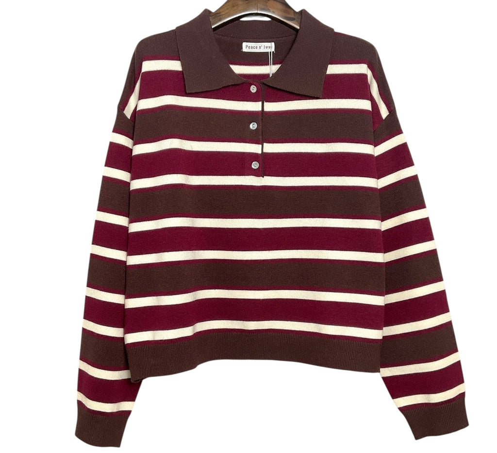 Polo en maille rayé bordeaux, chocolat & écru