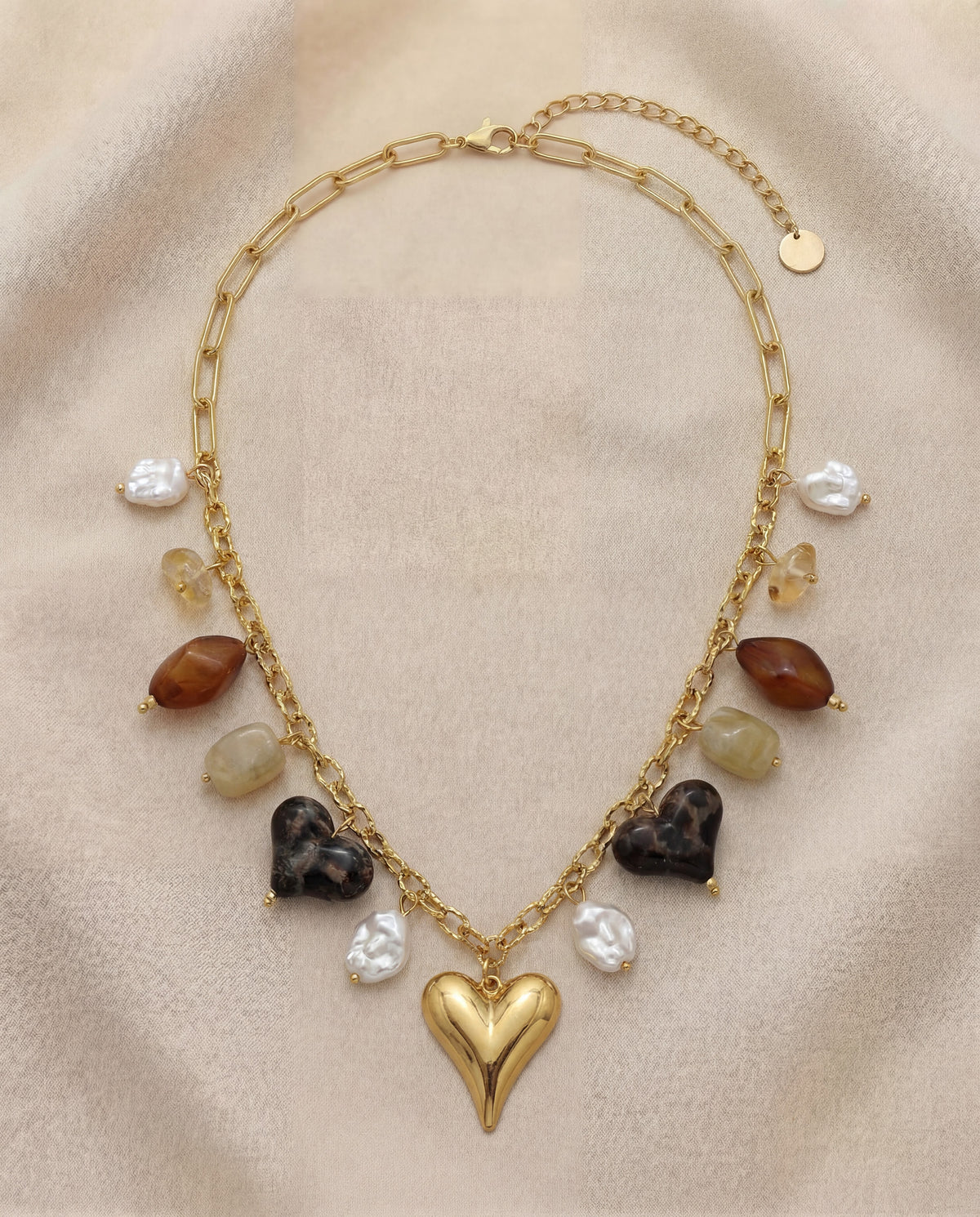 Collier doré charms cœur & pierres naturelles