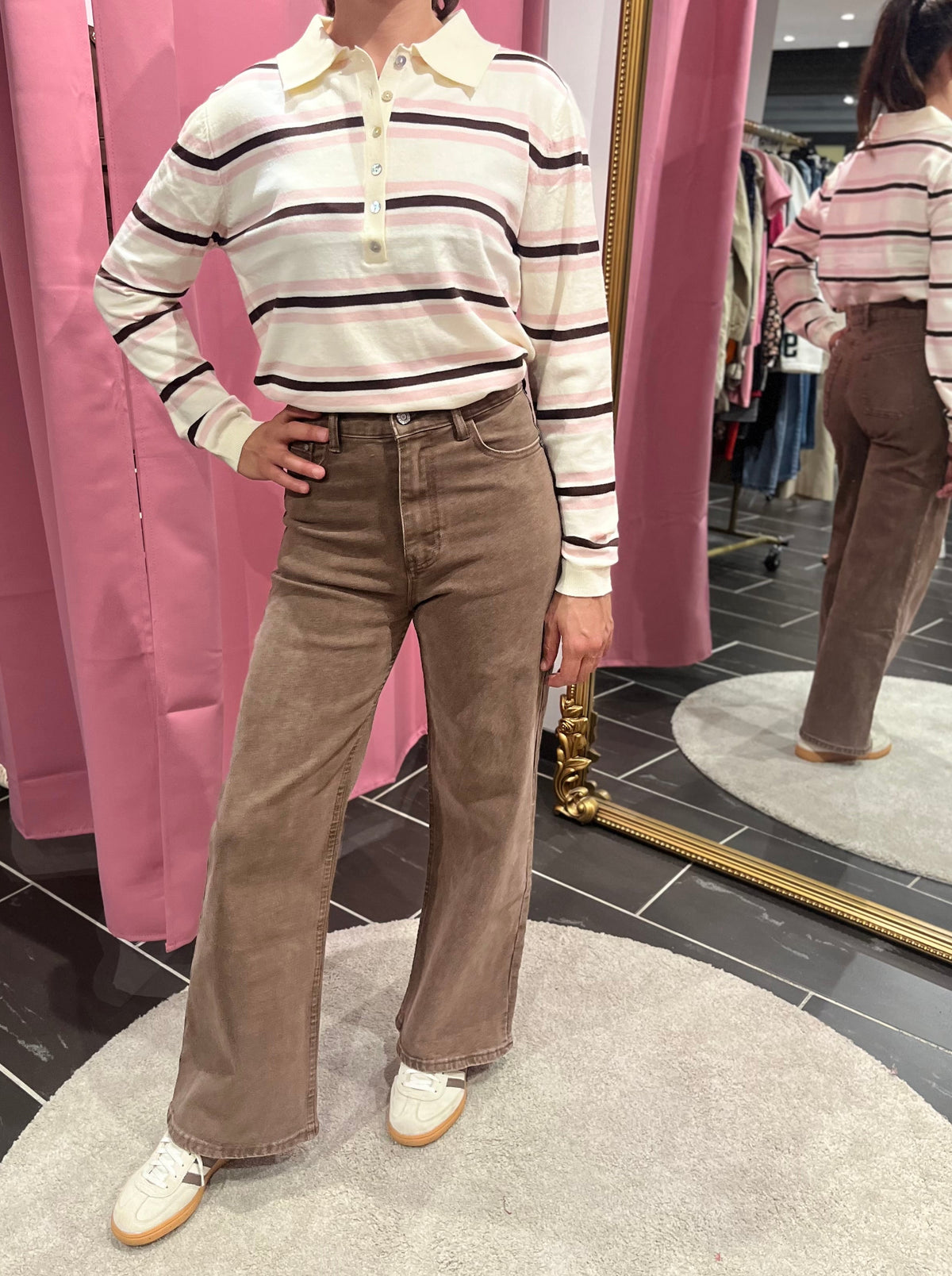 Polo en maille rayé écru, rose & chocolat