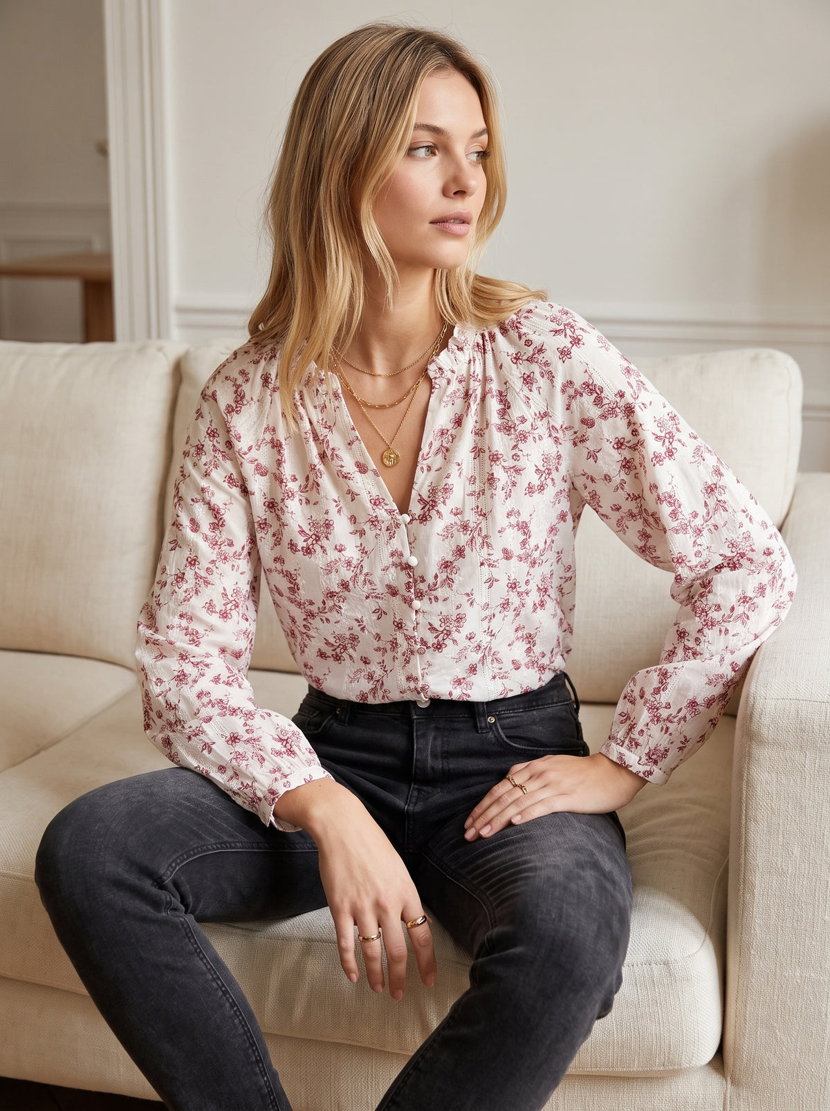 Chemise fleurie écrue & bordeaux – 100 % coton