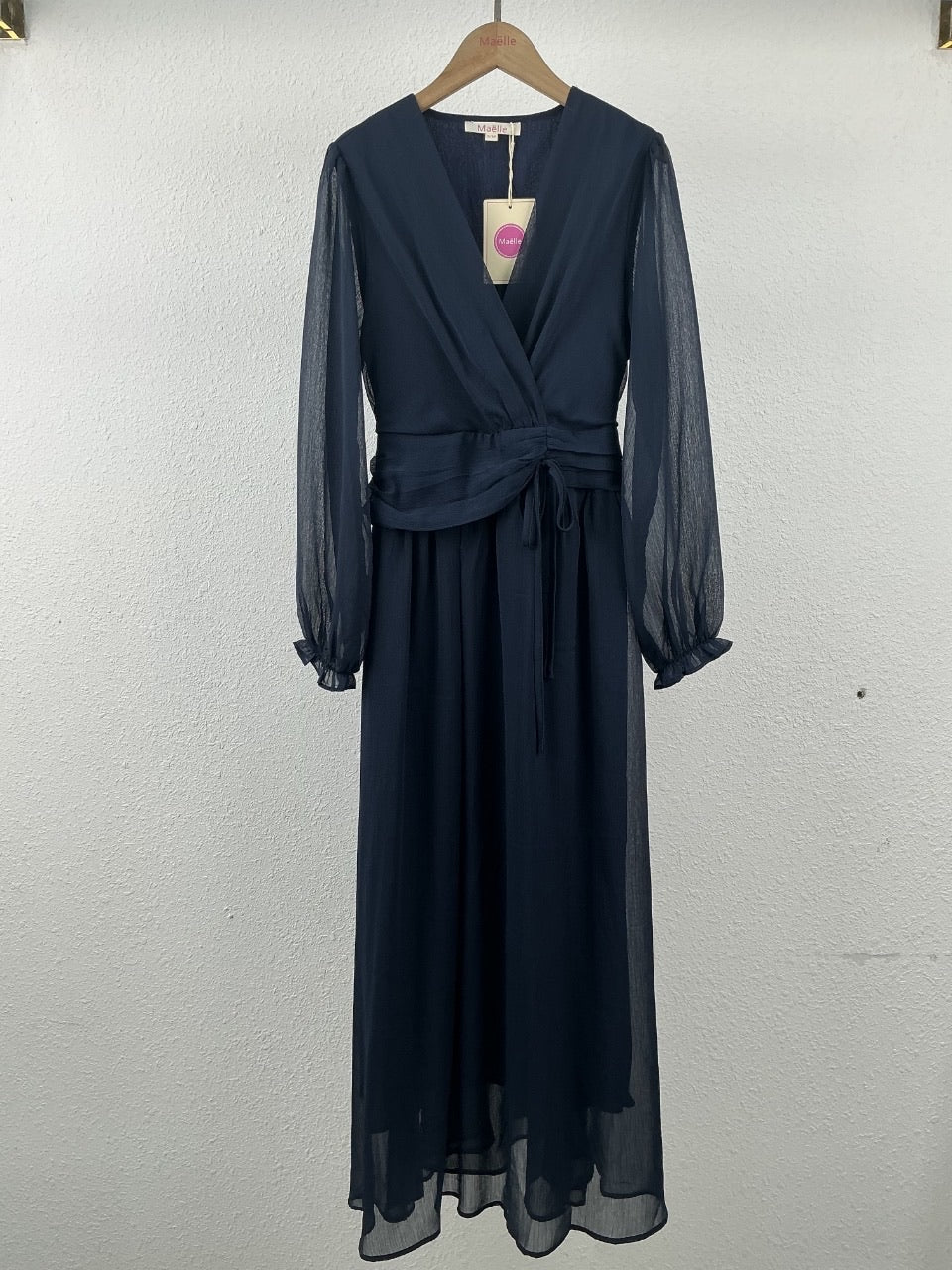Robe longue fluide cache-cœur bleu marine