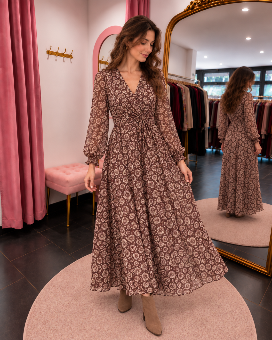 Robe longue fleurie cache-cœur marron