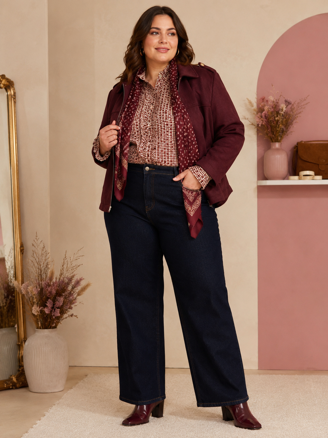 Veste effet suédine Bordeaux – Détails dorés