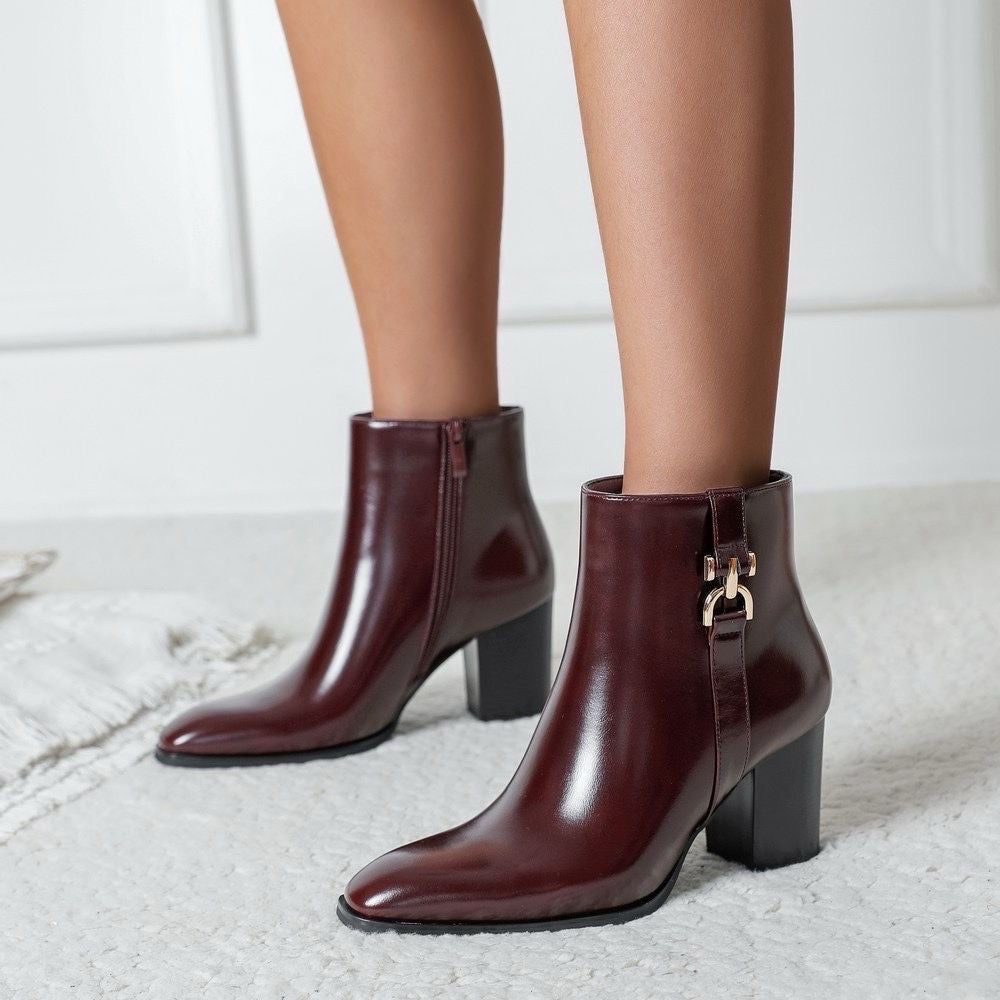 Bottines Bordeaux à Talon – Détail Doré