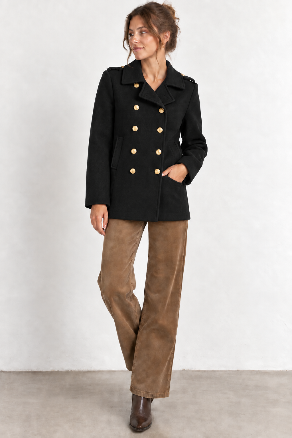 Manteau officier à boutons dorés – Noir & Marron – S/M au 4XL