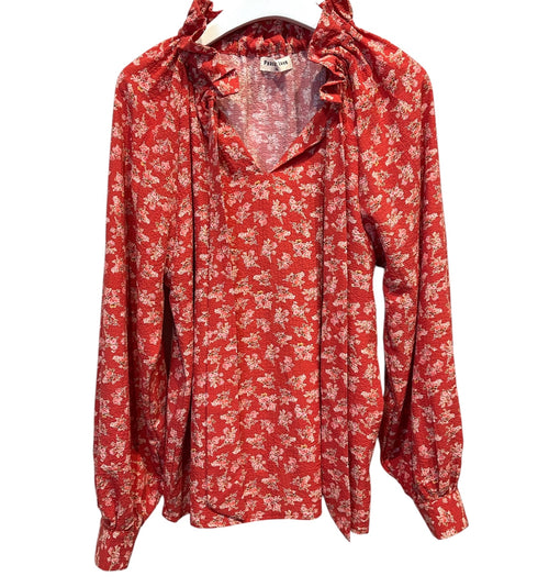 Blouse fleurie rouge & écru