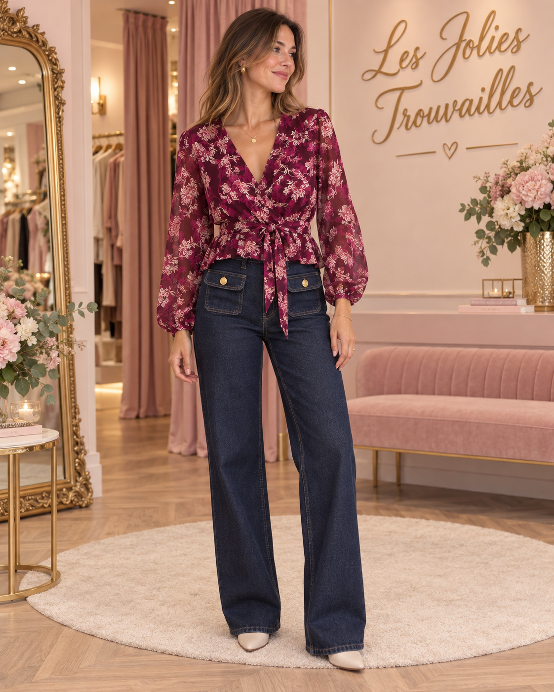 Blouse cache-cœur fleurie violette