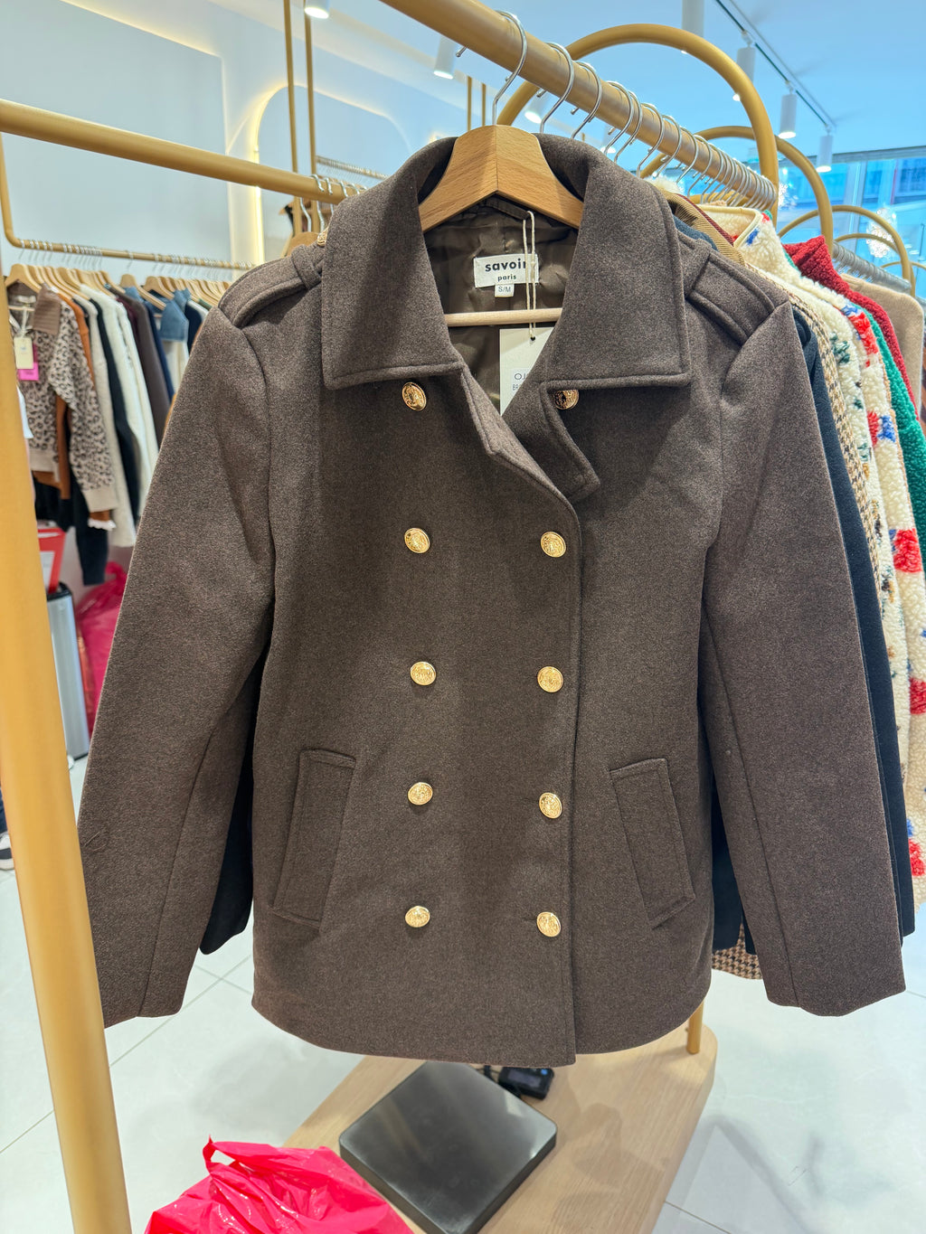 Manteau officier à boutons dorés – Noir & Marron – S/M au 4XL