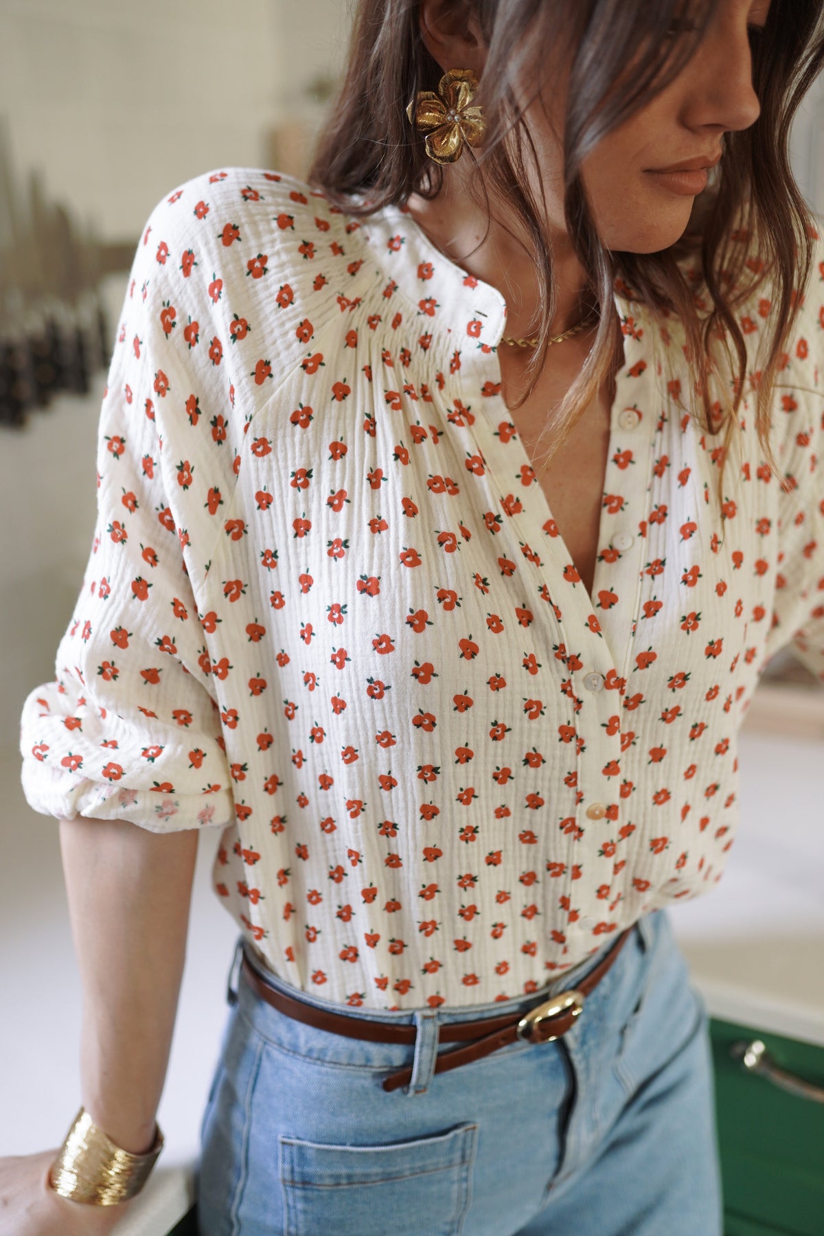 Blouse fleurie en gaze de coton
