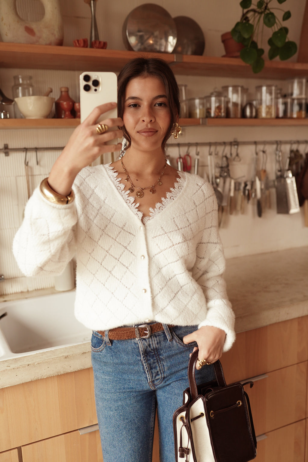 Gilet Blanc Maille Ajourée & Dentelle