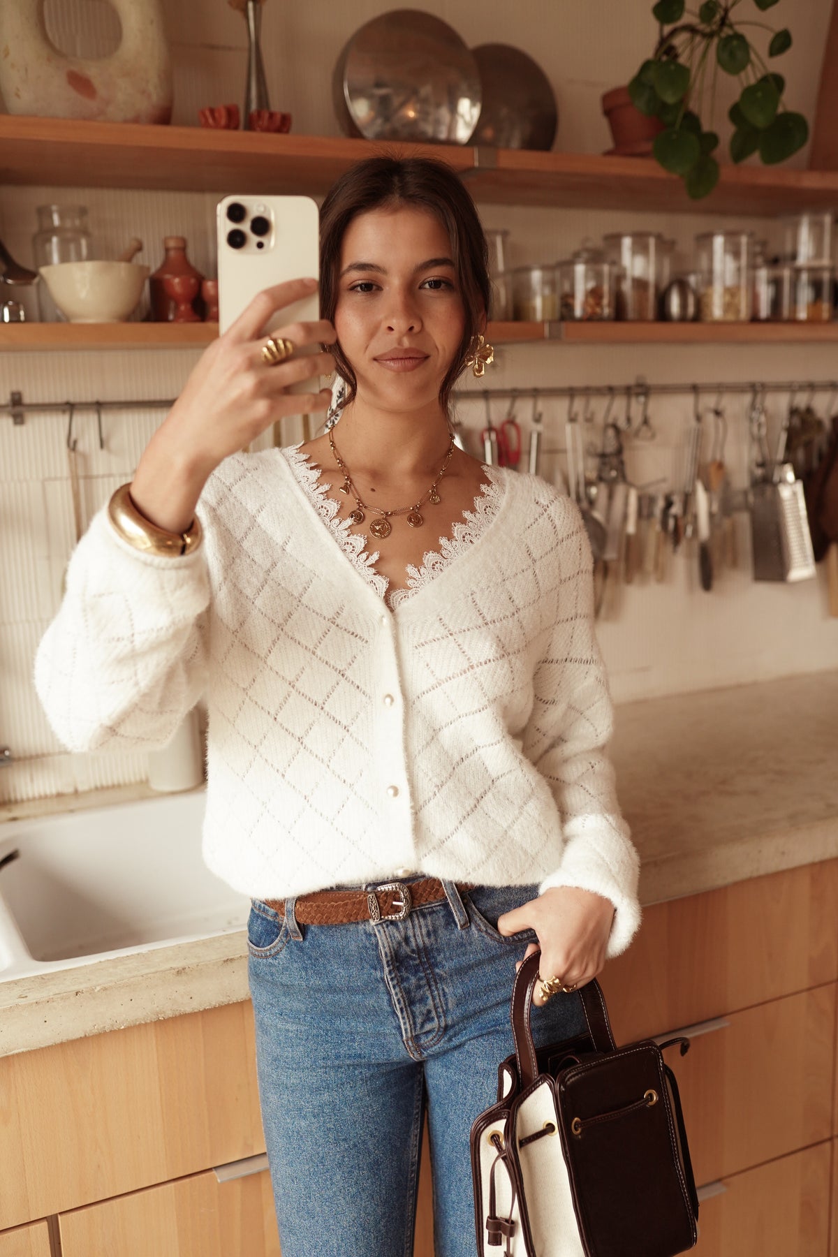 Gilet Blanc Maille Ajourée & Dentelle