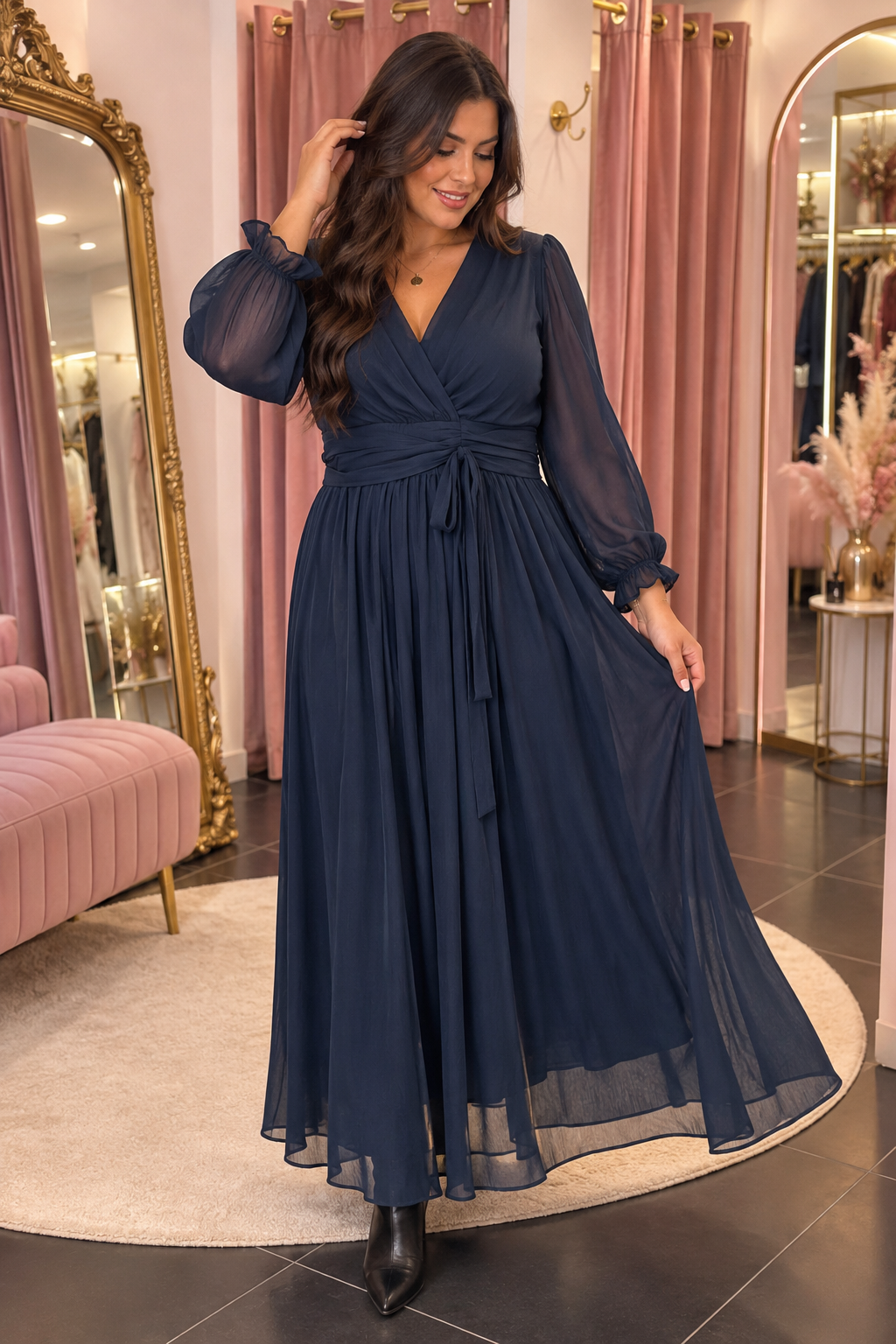 Robe longue fluide cache-cœur bleu marine