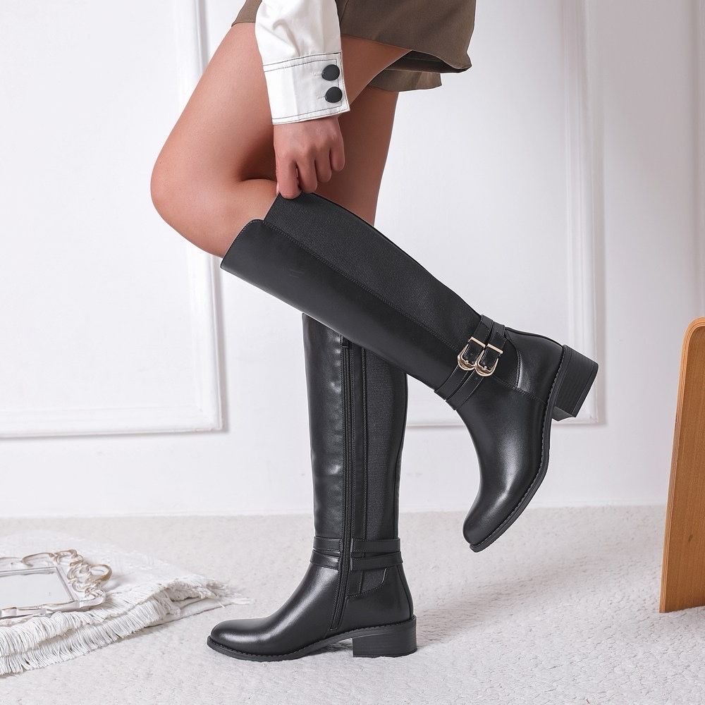 Bottes hautes noires à doubles boucles dorées