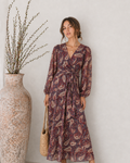 Robe longue imprimée cache-cœur – Bleu & Bordeaux