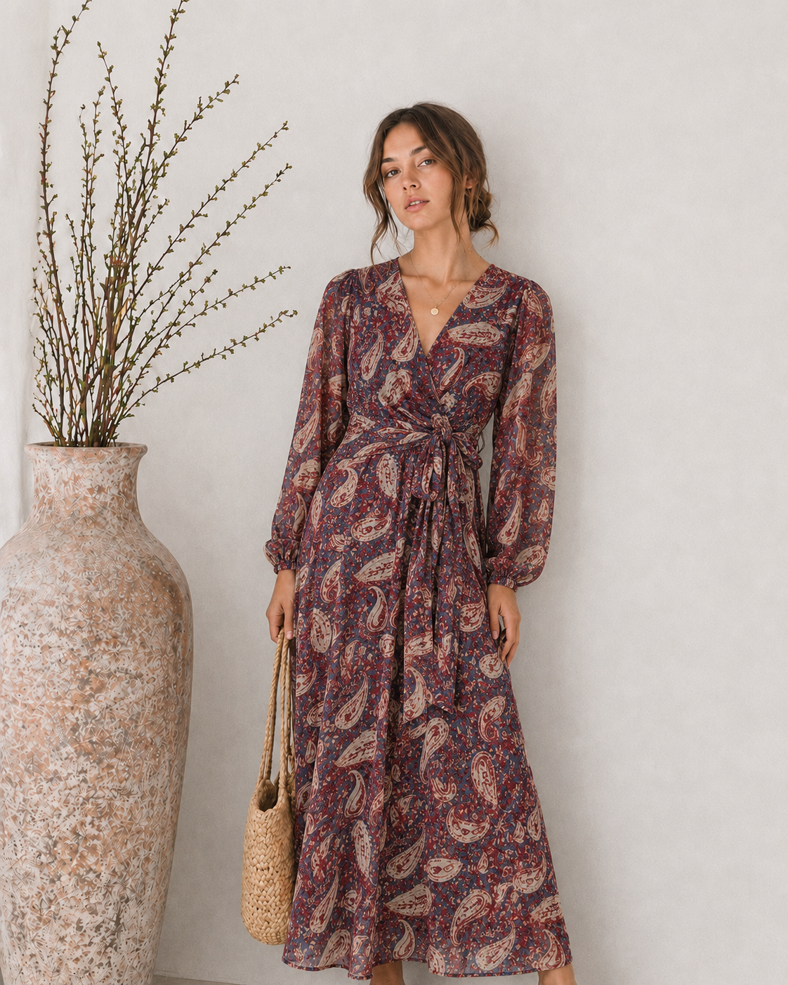 Robe longue imprimée cache-cœur – Bleu & Bordeaux
