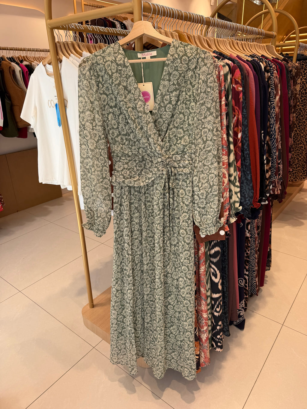 Robe longue fleurie cache-cœur verte