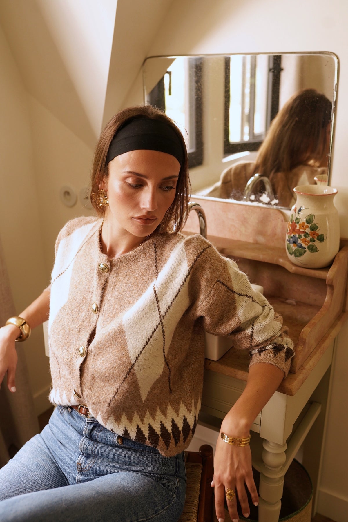 Gilet maille jacquard taupe & écru – boutons dorés