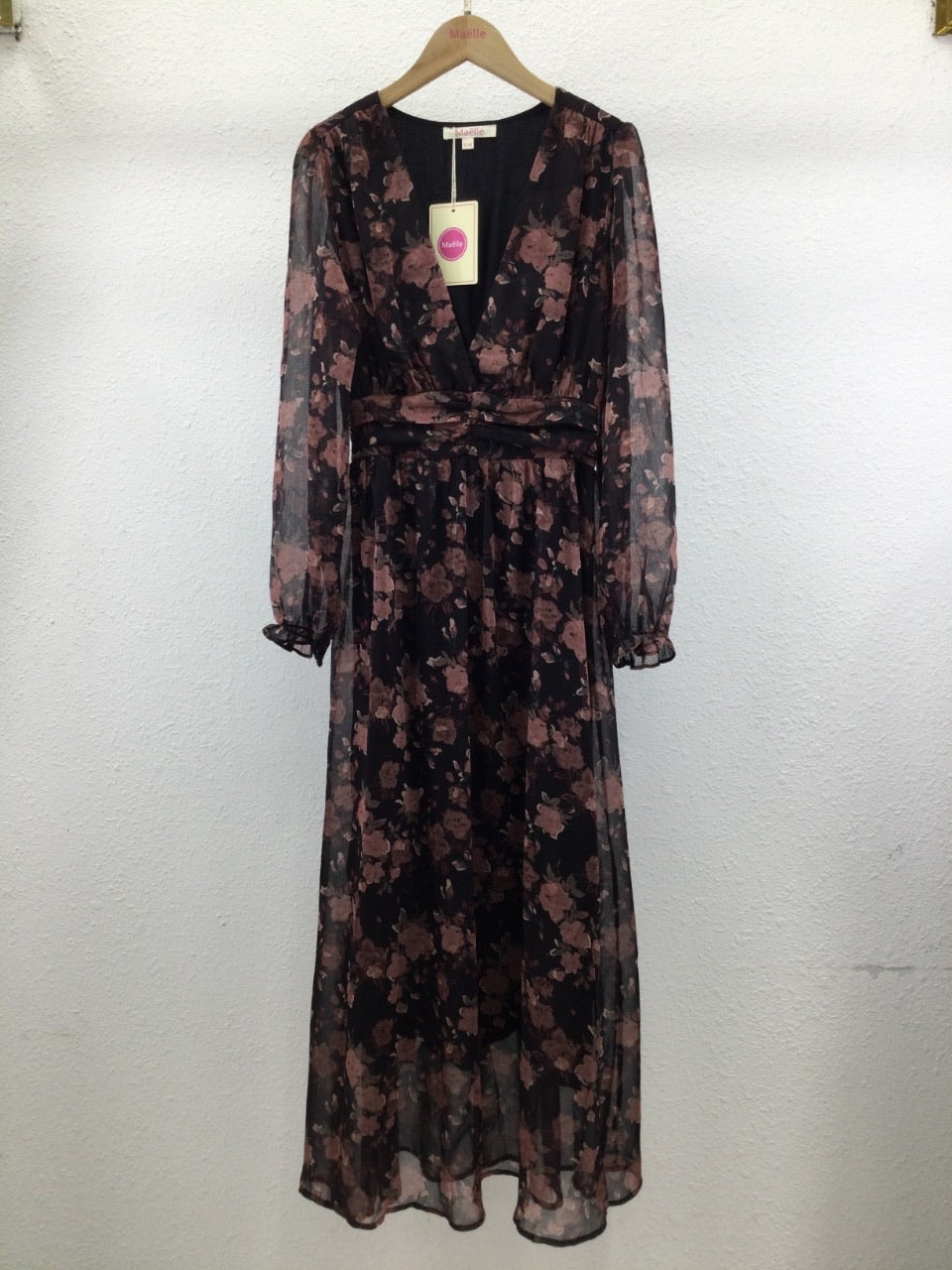 Robe longue fleurie – Noire & vieux rose
