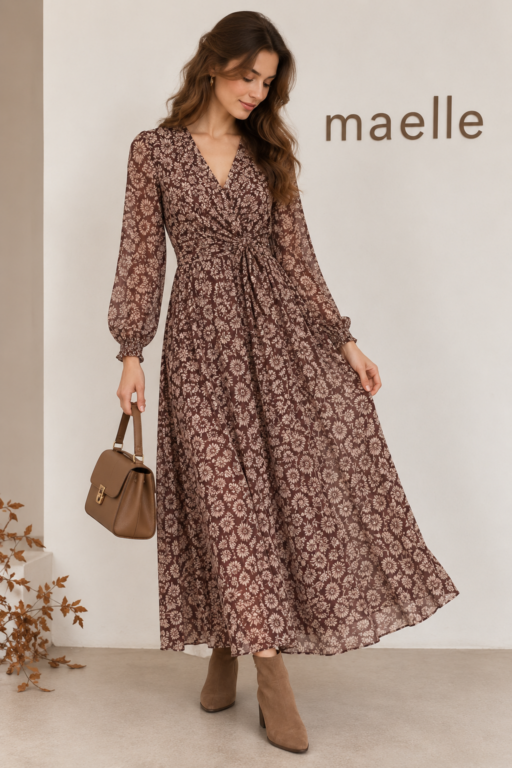 Robe longue fleurie cache-cœur marron
