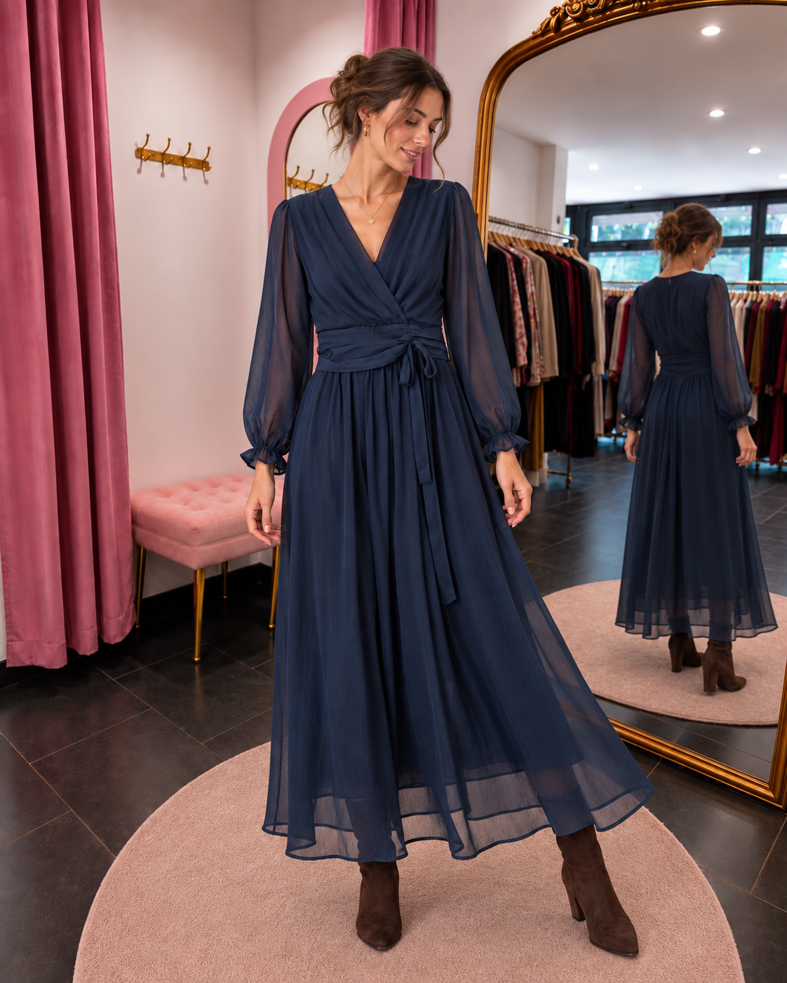 Robe longue fluide cache-cœur bleu marine