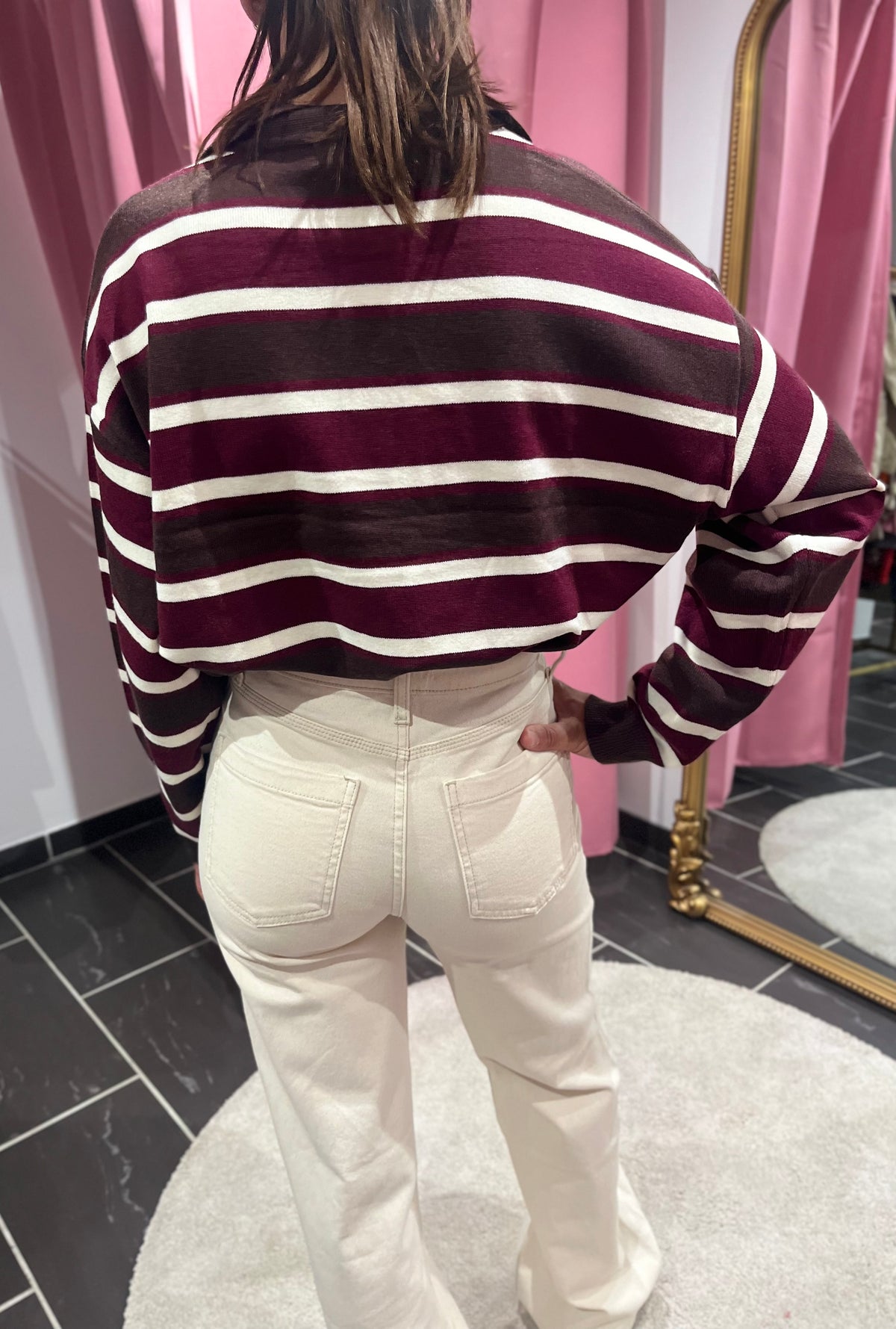 Polo en maille rayé bordeaux, chocolat & écru