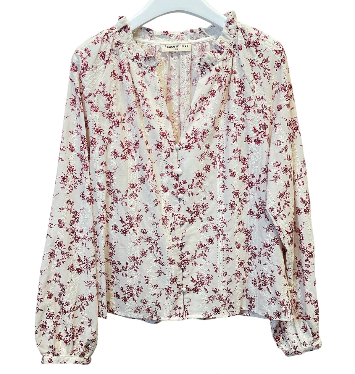 Chemise fleurie écrue & bordeaux – 100 % coton