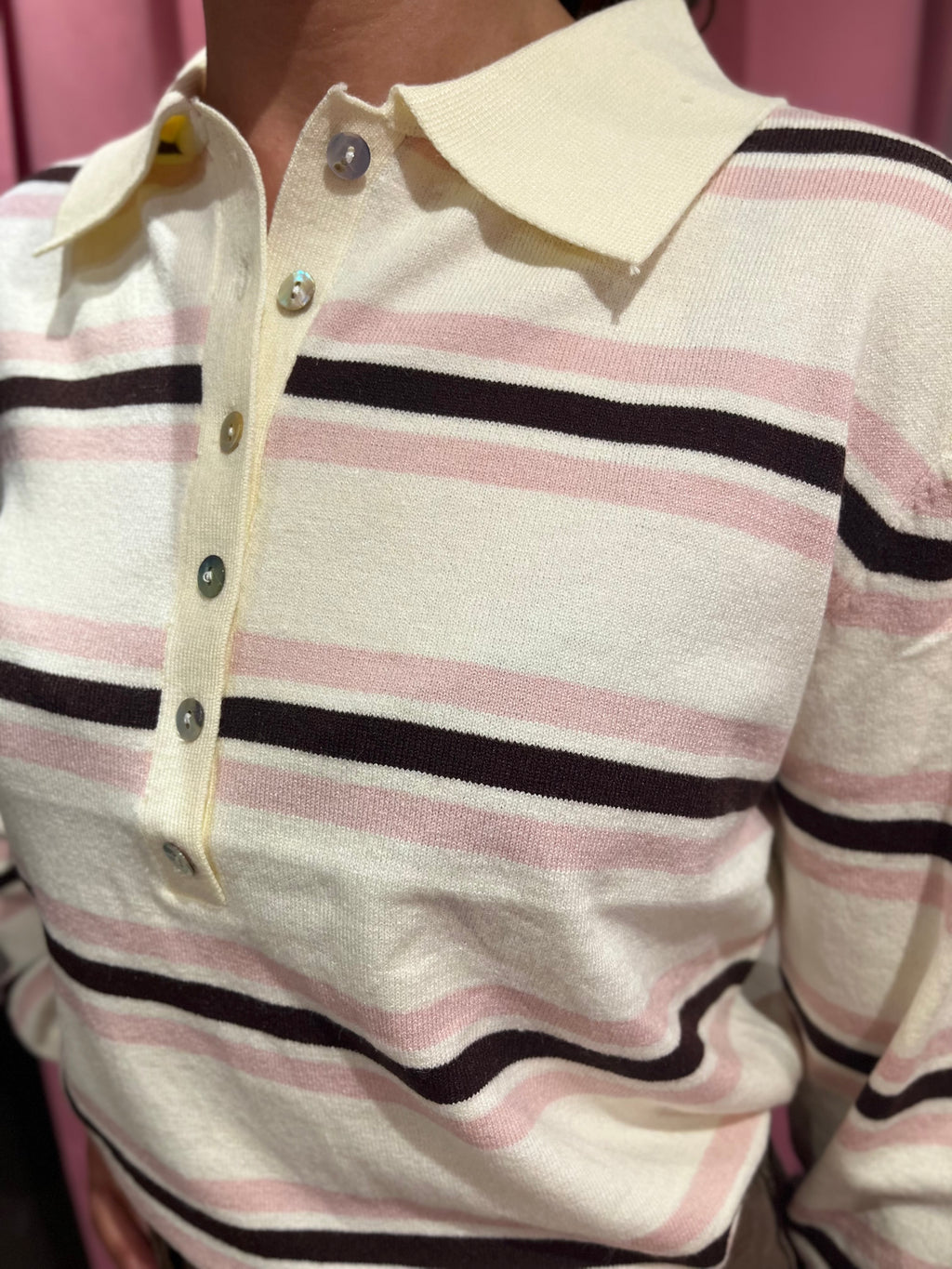 Polo en maille rayé écru, rose & chocolat