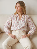 Chemise fleurie écrue, rose & bleu – Détails brodés