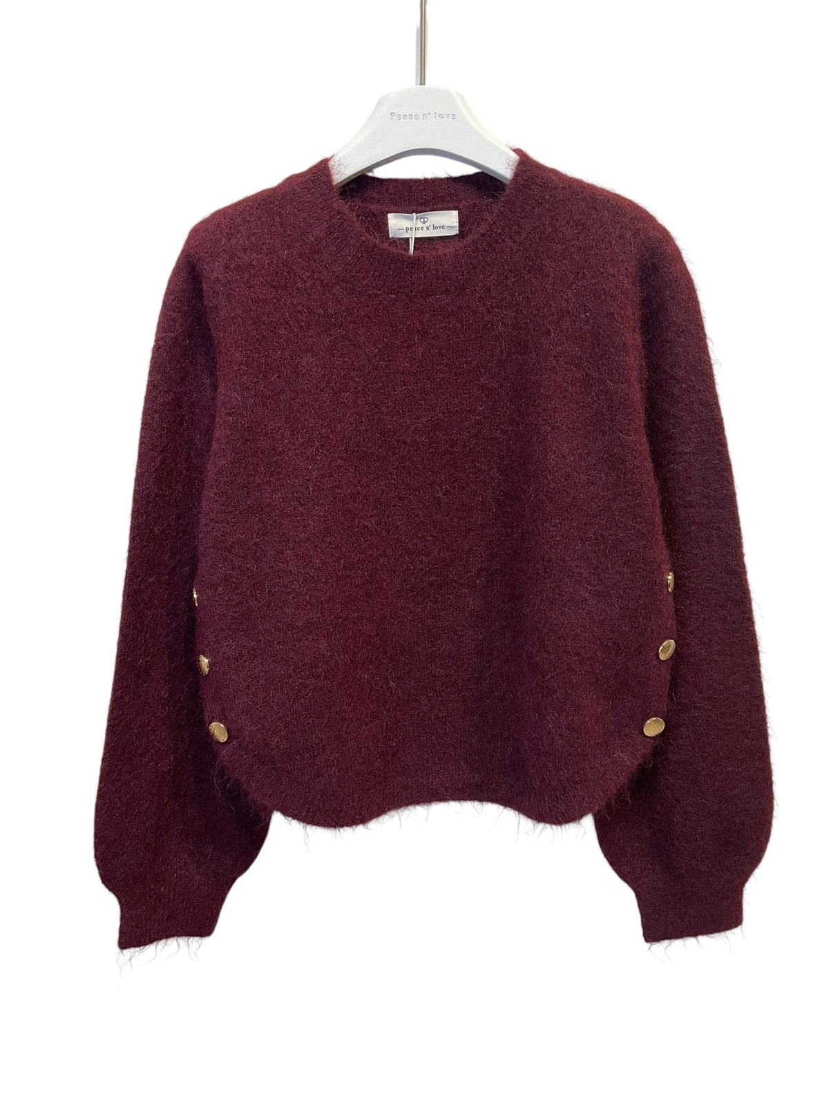 Pull doux boutons dorés – Bordeaux & Beige