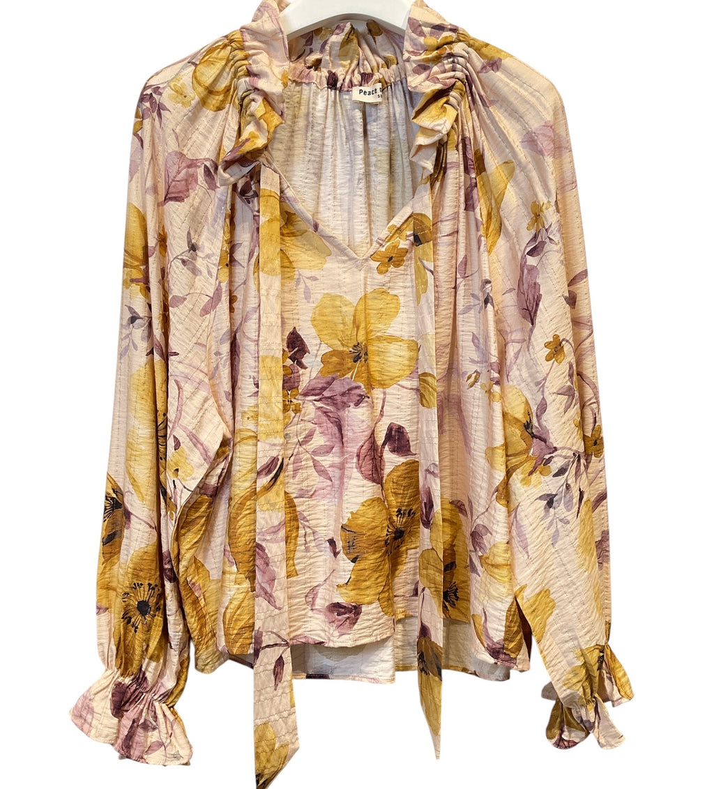 Blouse fleurie rose poudré & moutarde – Détails irisés