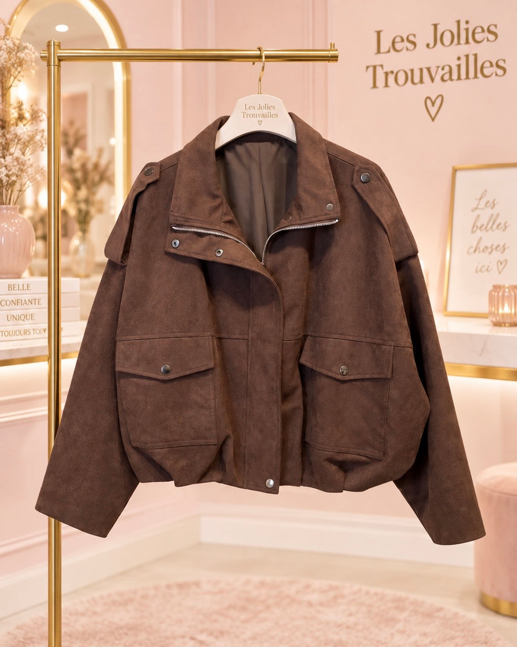 Veste effet suédine coupe large – Chocolat & Kaki