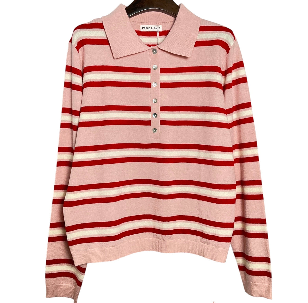 Polo en maille rayé rose, rouge & écru
