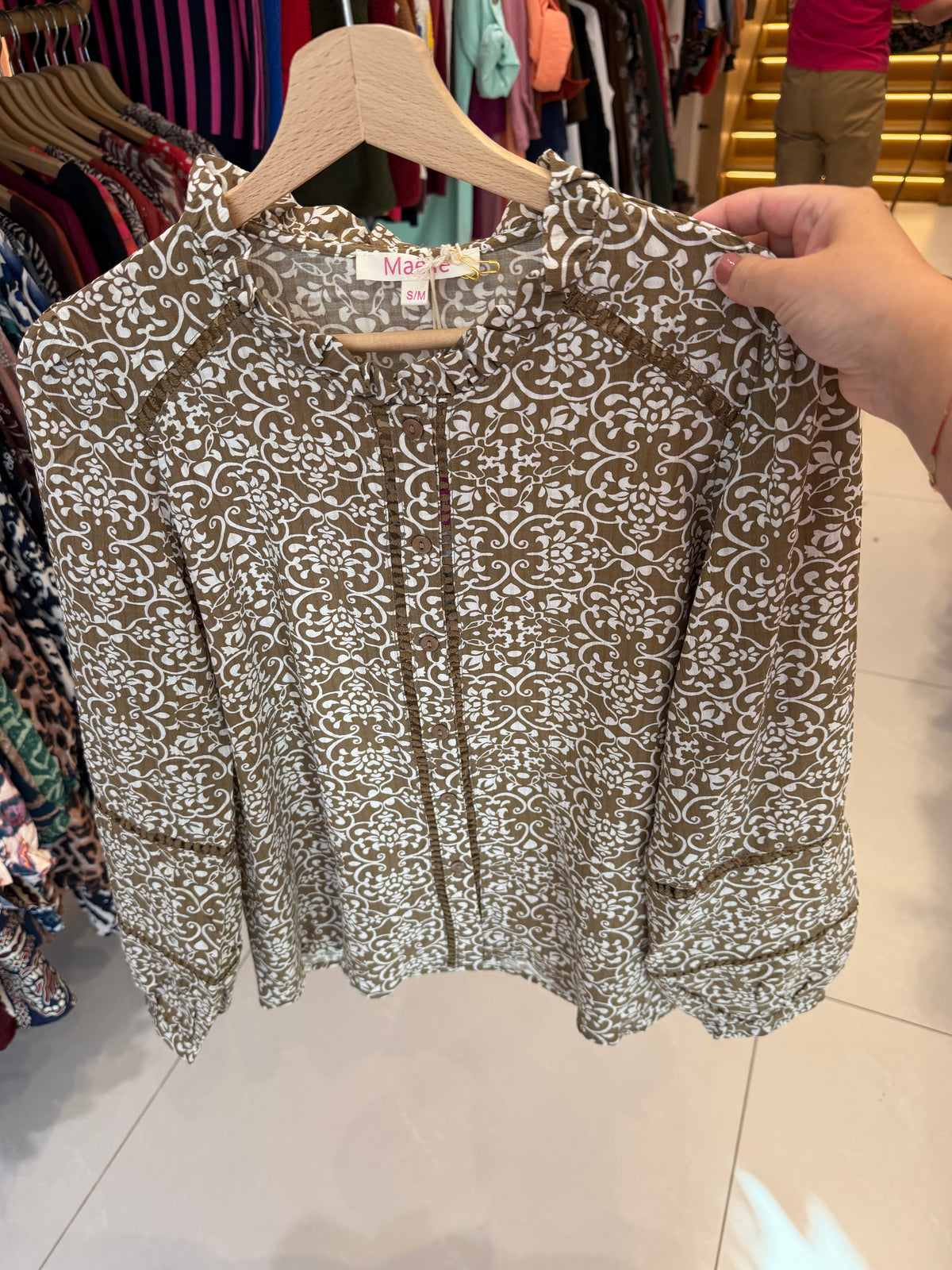 Blouse femme kaki imprimée écru – Alma