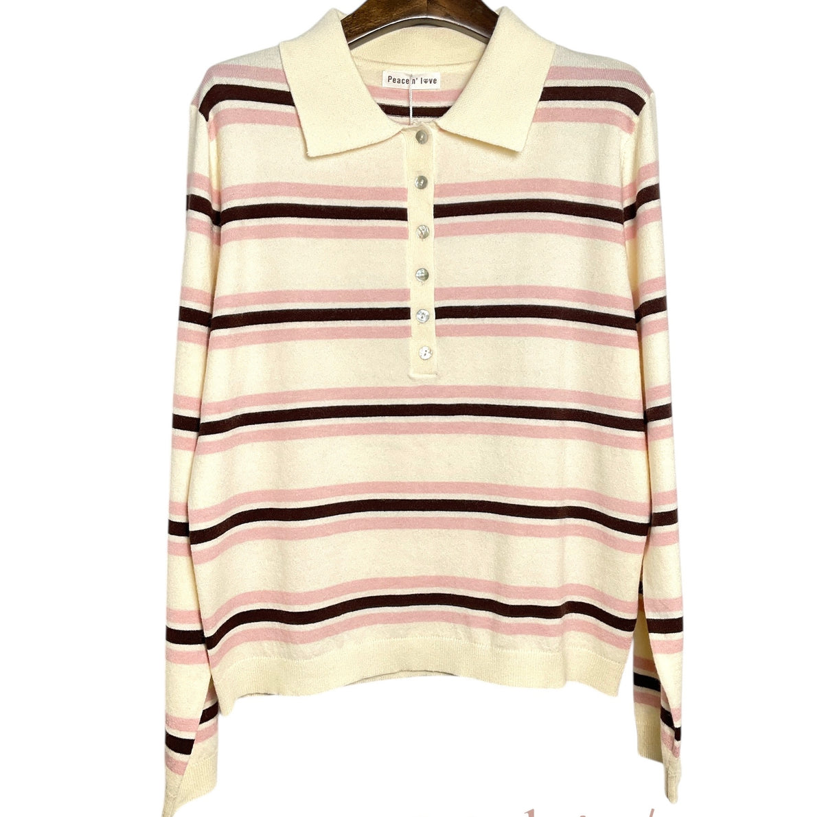 Polo en maille rayé écru, rose & chocolat