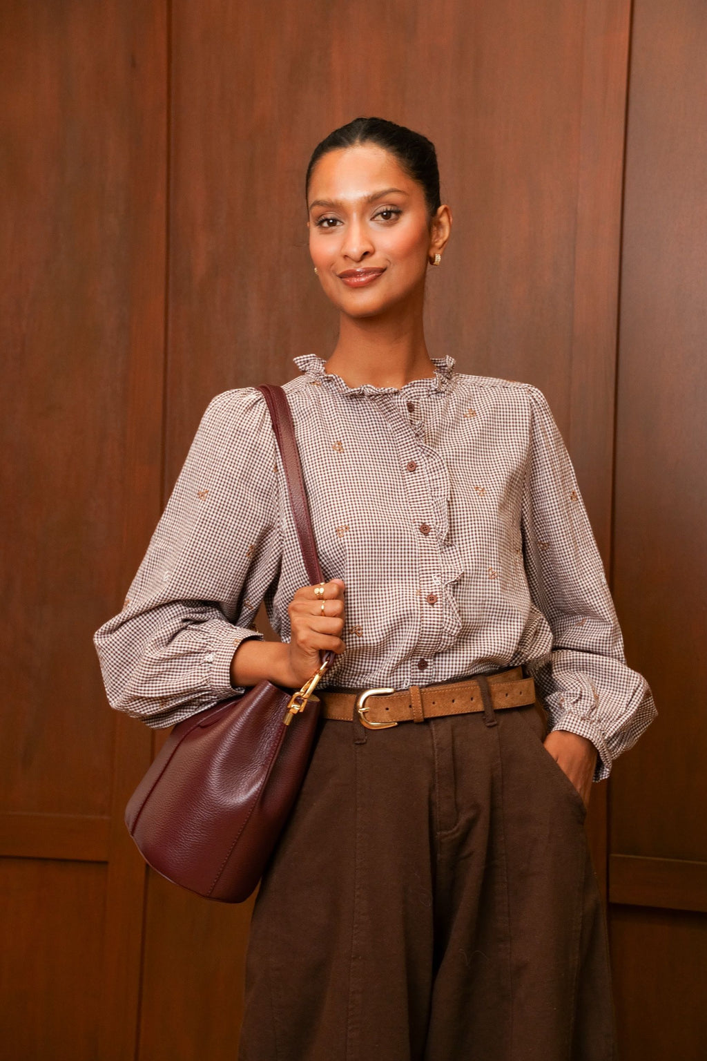 Chemise vichy brodée – Marron& Écru