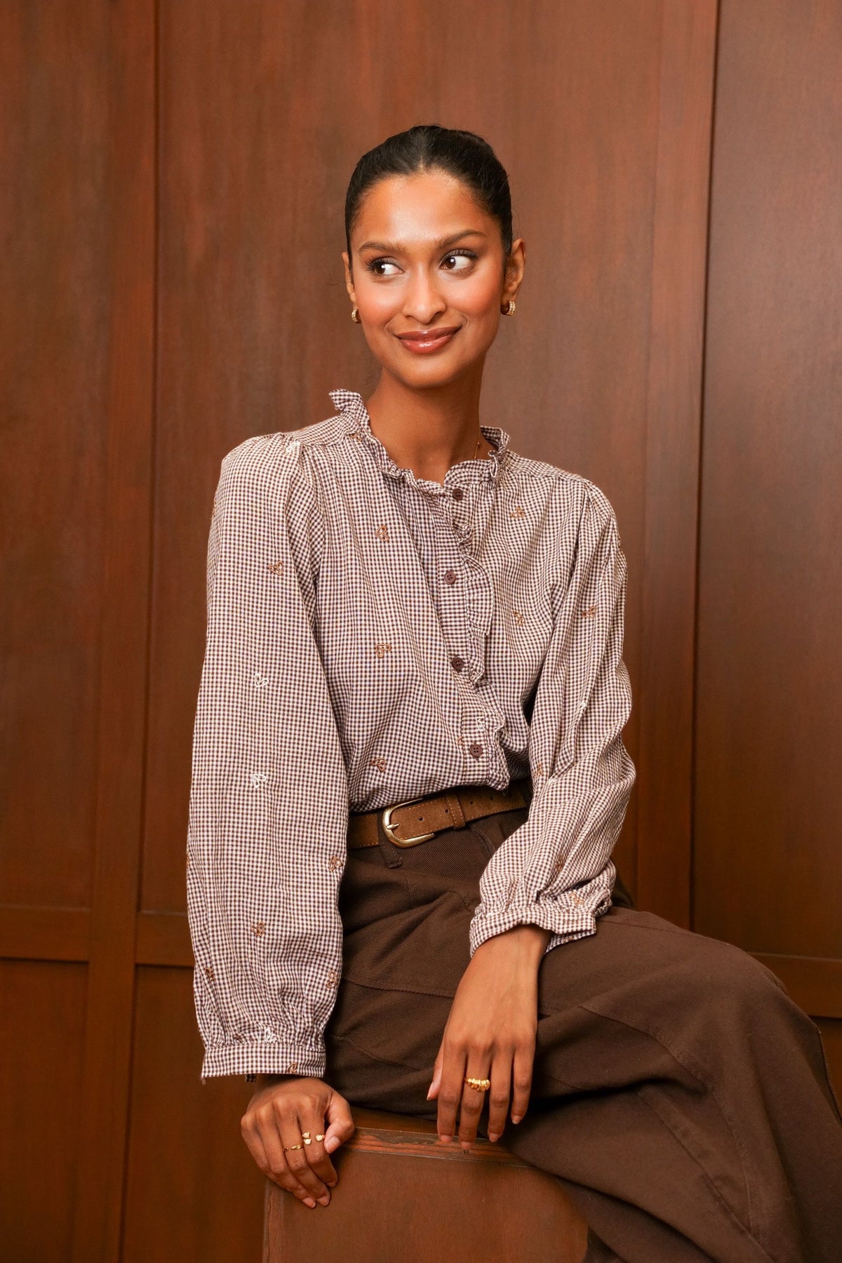 Chemise vichy brodée – Marron& Écru